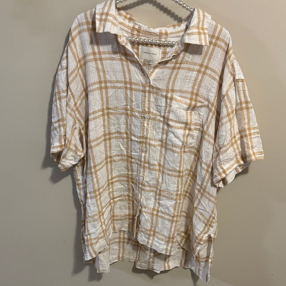 American Eagle XXL Plaid Button-Down Shirt Beige White Short Sleeve Casual